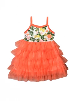 Sydney So Sweet Orange Citrus Floral Tiered Chiffon Tulle Ruffle Girls Dress