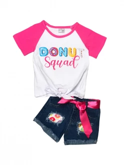 Sydney So Sweet New Arrivals Donut Squad Pink Raglan Tie Top Denim Patch Girls Shorts Outfit