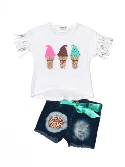 Sydney So Sweet Scoops Up Ice Cream Fringe Cheetah Denim Patch Girls Shorts Outfit