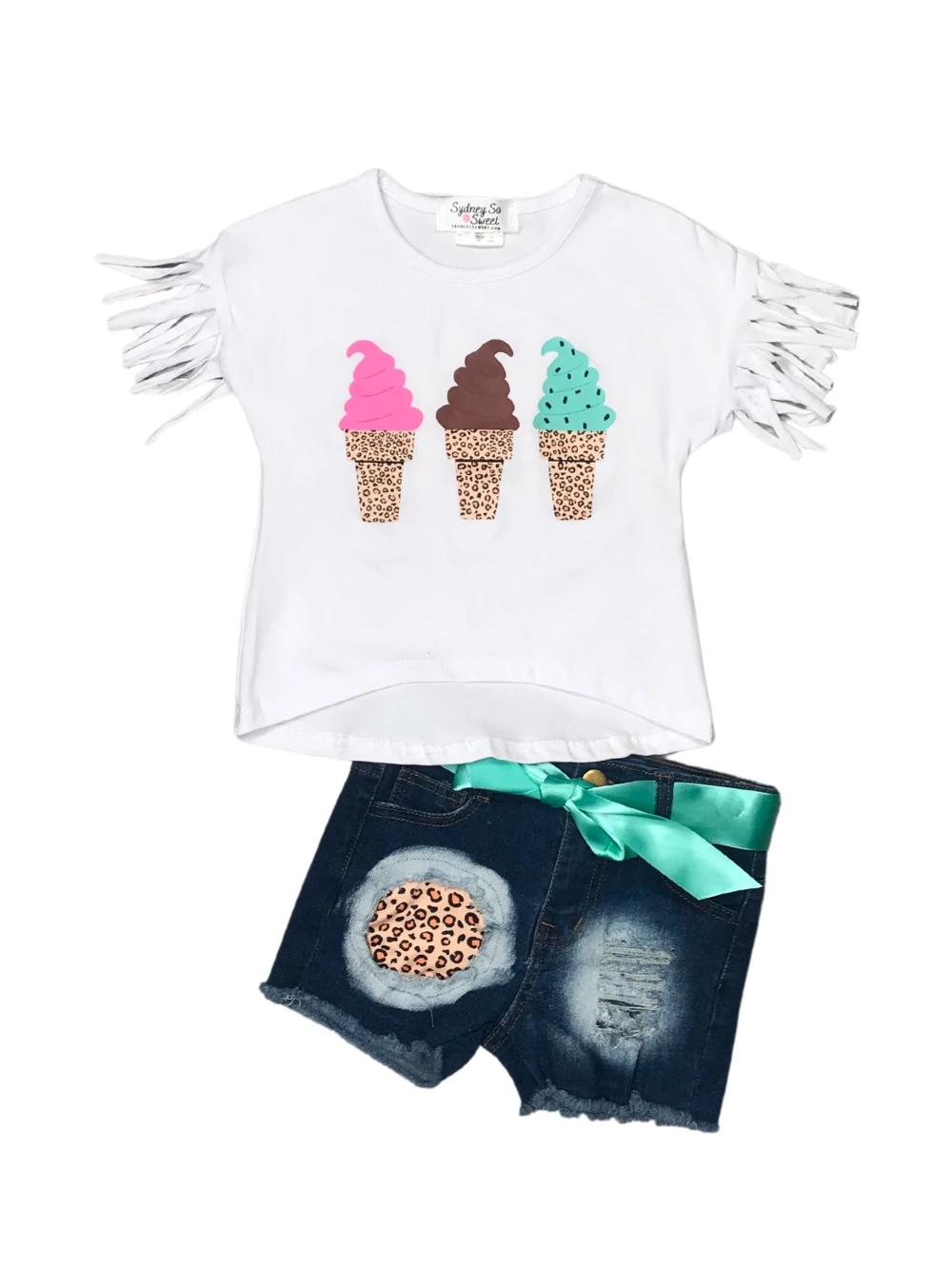 Sydney So Sweet Scoops Up Ice Cream Fringe Cheetah Denim Patch Girls Shorts Outfit 2 Sydney So Sweet Scoops Up Ice Cream Fringe Cheetah Denim Patch Girls Shorts Outfit