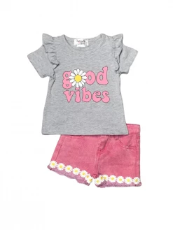 Sydney So Sweet Good Vibes Pink Daisy Denim Girls Shorts Outfit
