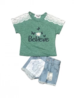 Sydney So Sweet New Arrivals Believe Butterfly Green Lace Denim Girls Shorts Outfit