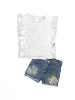 Sydney So Sweet Dollop Of Daisy White Ruffle Denim Girls Shorts Outfit