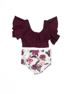 Sydney So Sweet Every Rose Has Its Thorn Burgundy Ruffle Girls Swimsuit Bikini
