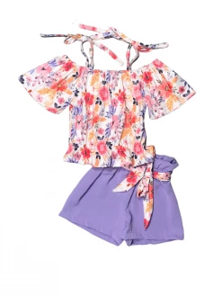 Sydney So Sweet New Arrivals Pink & Purple Floral Bouquet Cold Shoulder Ruffle Girls Shorts Outfit