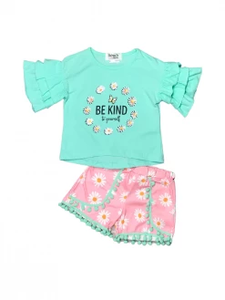 Sydney So Sweet Be Kind To Yourself Blue & Pink Daisy Pom Girls Shorts Outfit