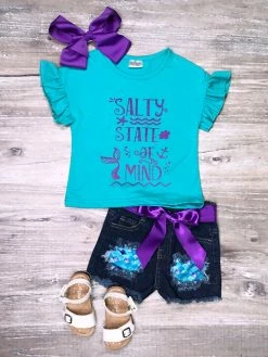 Sydney So Sweet Salty State Of Mind Mermaid Blue Denim Girls Shorts Outfit Shorts & Capri Outfits
