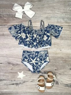 Sydney So Sweet Sand Dollar Blue High Waisted Three Piece Girls Swimsuit Bikini