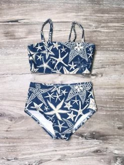 Sydney So Sweet Sand Dollar Blue High Waisted Three Piece Girls Swimsuit Bikini