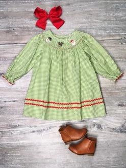 Sydney So Sweet Santa Friends Green Gingham Smocked Collar Girls Dress