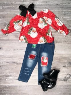Sydney So Sweet Santa Snowflake Red Sequin Denim Patch Girls Christmas Outfit