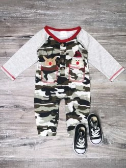 Sydney So Sweet Santa's Reindeer Camo Raglan Boys Christmas Baby Romper Baby Boutique