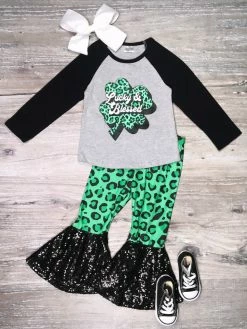 Sydney So Sweet Sassie Little Lassie Leopard Shamrock Sequin Bell Bottom Girls Outfit St. Patrick's Day
