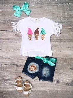 Sydney So Sweet Scoops Up Ice Cream Fringe Cheetah Denim Patch Girls Shorts Outfit