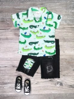 Sydney So Sweet New Arrivals See You Later Alligator Blue Button Up Boys Denim Shorts Outfit