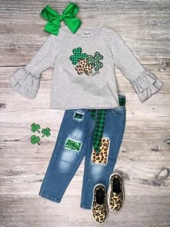 Sydney So Sweet Sham Rockin' Cheetah Green Denim Girls St. Patrick's Day Outfit