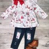 Sydney So Sweet Sled Riding Gnomes Gray & Red Denim Patch Girls Outfit