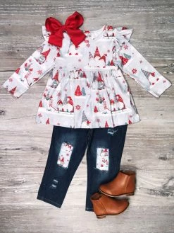 Sydney So Sweet Sled Riding Gnomes Gray & Red Denim Patch Girls Outfit