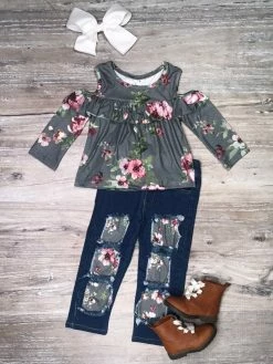 Sydney So Sweet Smell The Roses Pink & Gray Floral Cold Shoulder Girls Denim Outfit