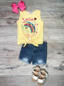 Sydney So Sweet Shorts & Capri Outfits Smile Now Glitter Rainbow Yellow Tie Knot Denim Girls Shorts Outfit