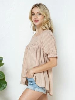 Sydney So Sweet Taupe Smocked Front Peasant Puff Sleeve Women's Blouse Women's Clothing
