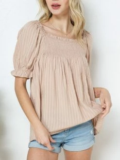 Sydney So Sweet Taupe Smocked Front Peasant Puff Sleeve Women's Blouse Women's Clothing