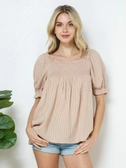 Sydney So Sweet Taupe Smocked Front Peasant Puff Sleeve Women's Blouse Women's Clothing
