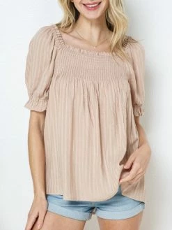 Sydney So Sweet Taupe Smocked Front Peasant Puff Sleeve Women's Blouse Women's Clothing
