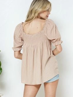 Sydney So Sweet Taupe Smocked Front Peasant Puff Sleeve Women's Blouse Women's Clothing