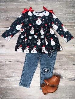 Sydney So Sweet Snow Very Cute Navy Snowman Denim Patch Girls Outfit