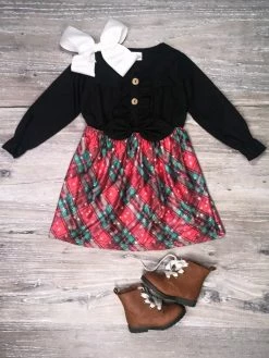 Sydney So Sweet Snowflake Buffalo Plaid Black Button Ruffle Girls Christmas Dress Dresses & Skirt Sets