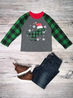 Sydney So Sweet Snowflake Christmas Dinosaur Buffalo Plaid Green Raglan T-Shirt T-Shirts & Tops