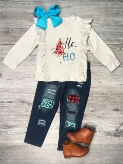 Sydney So Sweet Snowy Ho Ho Ho Buffalo Plaid Denim Patch Girls Christmas Outfit