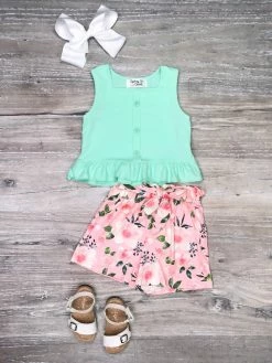 Sydney So Sweet So Sage Pink Floral Peplum Ruffle Girls Shorts Outfit