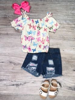 Sydney So Sweet Spread Your Wings Butterfly Pastel Denim Patch Girls Shorts Outfit