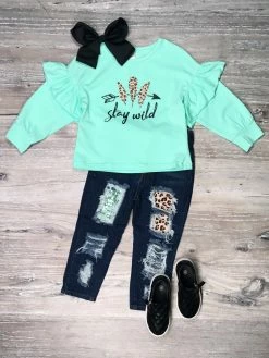 Sydney So Sweet Stay Wild Sequin Cheetah Mint Ruffle Denim Patch Girls Outfit