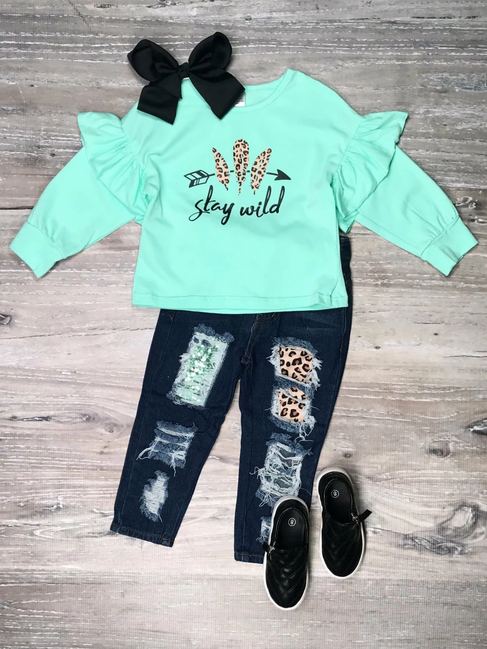 Sydney So Sweet Stay Wild Sequin Cheetah Mint Ruffle Denim Patch Girls Outfit 1 Sydney So Sweet Stay Wild Sequin Cheetah Mint Ruffle Denim Patch Girls Outfit
