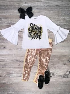 Sydney So Sweet Stay Wild Sassy Cheetah Gold Sequin Flare Girls Outfit 2 Piece Pants Outfits