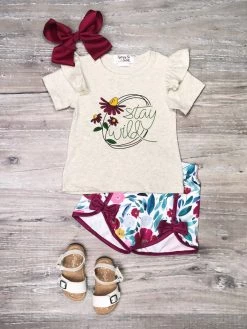 Sydney So Sweet New Arrivals Stay Wild Wildflower Plum Floral Ruffle Girls Shorts Outfit