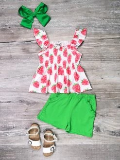 Sydney So Sweet Strawberry Cute Green Flutter Sleeve Girls Shorts Outfit