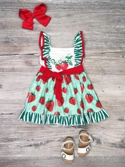 Sydney So Sweet Strawberry Picking Green Flutter Ruffle Girls Dress