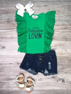 Sydney So Sweet Summer Lovin' Green Lace Denim Ruffle Girls Shorts Outfit New Arrivals