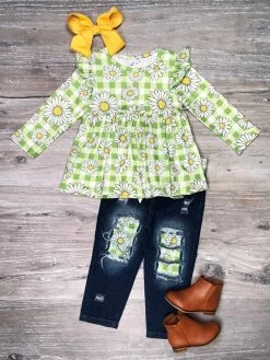 Sydney So Sweet Sunflower Picnic Green Gingham Denim Patch Girls Outfit