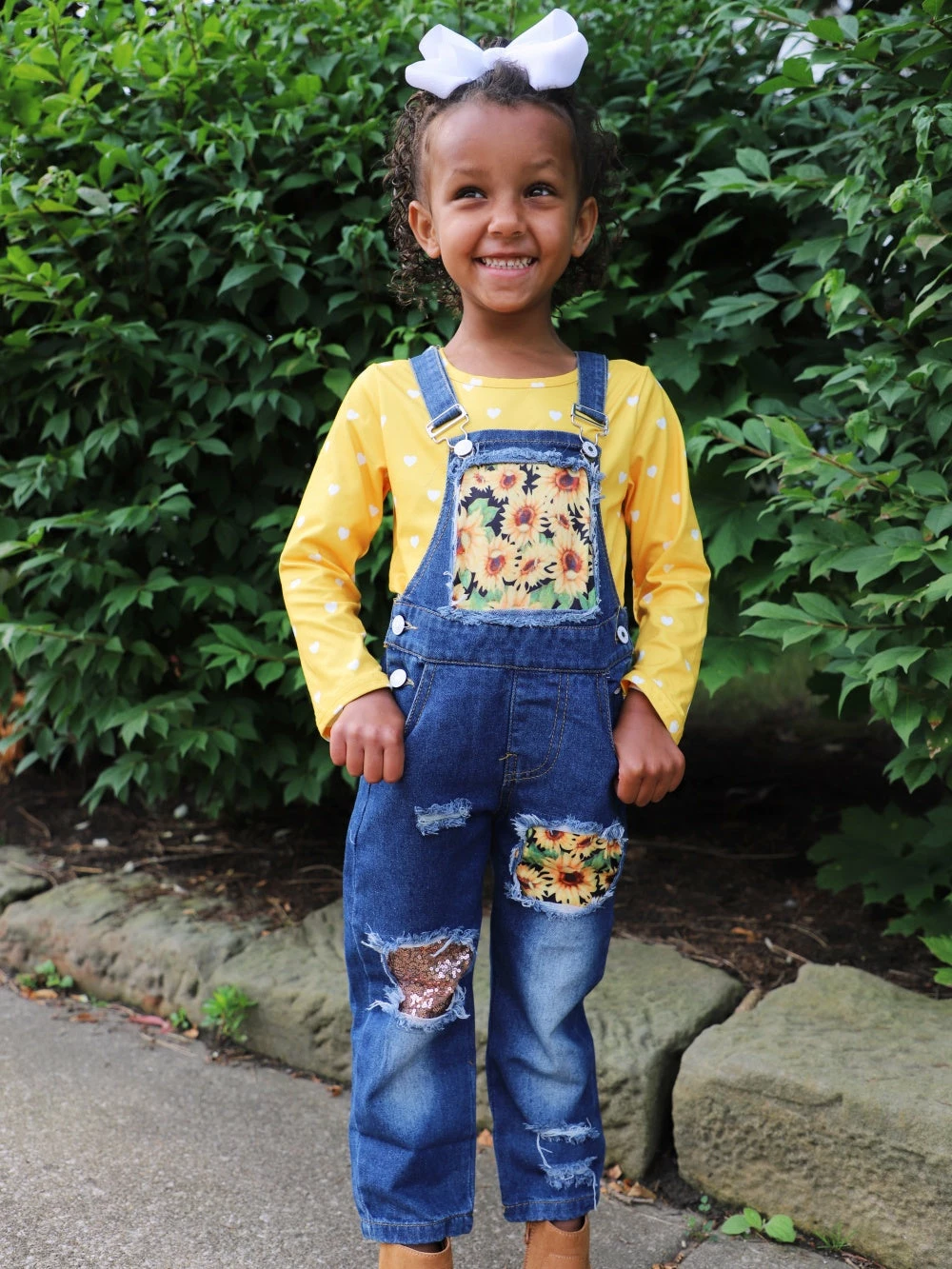 Sydney So Sweet Sunshine Sunflower Yellow Heart Girls Fall Overall Set 1 Sydney So Sweet Sunshine Sunflower Yellow Heart Girls Fall Overall Set