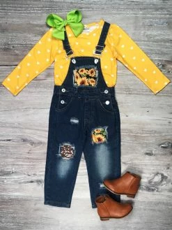Sydney So Sweet Sunshine Sunflower Yellow Heart Girls Fall Overall Set