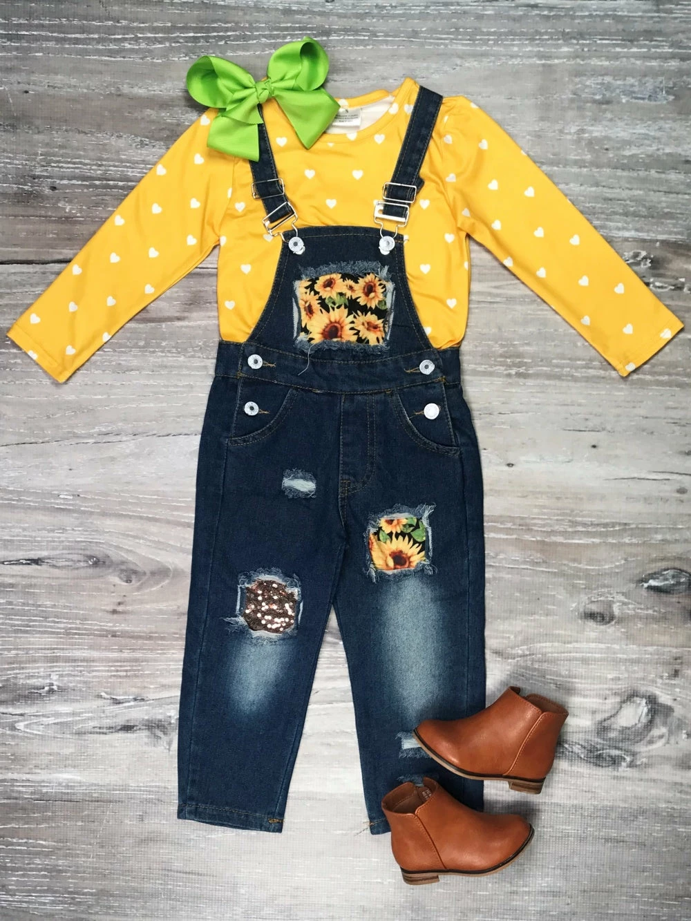 Sydney So Sweet Sunshine Sunflower Yellow Heart Girls Fall Overall Set 2 Sydney So Sweet Sunshine Sunflower Yellow Heart Girls Fall Overall Set