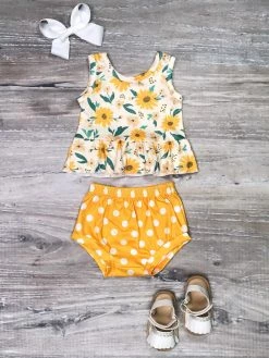 Sydney So Sweet New Arrivals Sunshine Yellow Polka Dot Sunflower Baby Girls Outfit