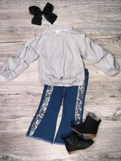 Sydney So Sweet Super Silver Stripe Ruffle Tie Knot Sequin Denim Flare Girls Outfit