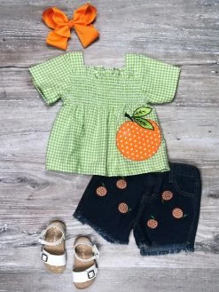 Sydney So Sweet Sweet Orange Gingham Green Denim Girls Shorts Outfit