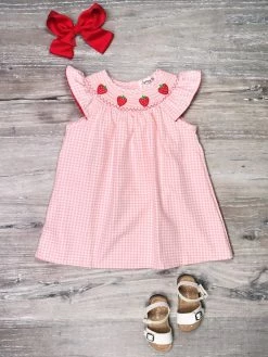 Sydney So Sweet Sweet Strawberry Squeeze Pink Gingham Smocked Collar Girls Dress